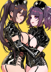 Rule 34 | 2girls, absurdres, ass, asymmetrical docking, black gloves, black hair, breast press, breasts, center opening, commentary request, corset, cowboy shot, cross, cross-laced clothes, cross earrings, diagonal bangs, ear piercing, earrings, elbow gloves, garter straps, gloves, hair between eyes, high ponytail, highres, idolmaster, idolmaster shiny colors, jewelry, large breasts, latex, looking at viewer, looking to the side, maid headdress, makeup, maou (demonlord), medium breasts, multiple girls, piercing, ponytail, purple eyes, purple hair, shirase sakuya, short sleeves, sideboob, sidelocks, smile, tanaka mamimi, yellow background, yellow eyes