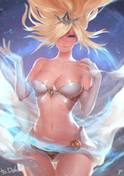 Rule 34 | 1girl, aura, bare shoulders, barefoot, blonde hair, blue eyes, breasts, chromatic aberration, circlet, cleavage, curvy, elbow gloves, female focus, gloves, gradient background, hair over one eye, highres, instant ip, janna (league of legends), large breasts, league of legends, light smile, long hair, midriff, navel, one eye covered, purple eyes, revealing clothes, see-through, solo, stomach, thigh gap, thighs, tiara, white gloves, wide hips, wind