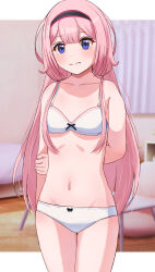 Rule 34 | 1girl, arm behind back, bedroom, blurry, blurry background, bow, bow bra, bra, breasts, closed mouth, commentary, cowboy shot, depth of field, frown, hand on own arm, highres, indoors, lakuha (dwtk2424), long hair, looking at viewer, navel, nijisanji, outside border, panties, pink hair, purple eyes, small breasts, solo, standing, suo sango, underwear, underwear only, very long hair, virtual youtuber, white bra, white panties