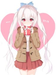 Rule 34 | ..., 1girl, blue bow, blush, bow, box, brown coat, closed mouth, coat, commentary request, dress shirt, gift, gift box, hair between eyes, hair bow, hands up, heart, highres, holding, holding gift, hood, hood down, hooded coat, long hair, long sleeves, looking at viewer, mizu (lzzrwi603), open clothes, open coat, original, pleated skirt, red eyes, red skirt, shirt, sidelocks, silver hair, skirt, sleeves past wrists, solo, translation request, twintails, valentine, very long hair, white shirt