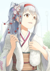 Rule 34 | 1girl, brown eyes, commentary request, floral print, flower, fur scarf, furisode, hair flower, hair ornament, hairband, highres, japanese clothes, kantai collection, kimono, long hair, looking up, official alternate costume, ponytail, red hairband, shoukaku (kancolle), smile, solo, taruya, upper body, white hair, white kimono