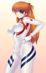 Rule 34 | 1girl, alternate breast size, blue eyes, blush, bodysuit, breasts, curvy, evangelion: 3.0+1.0 thrice upon a time, eyepatch, gradient hair, hand on own hip, highres, large breasts, long hair, looking at viewer, multicolored hair, neon genesis evangelion, orange hair, pixiv1478062, plugsuit, rebuild of evangelion, shiny clothes, shiny skin, simple background, skin tight, solo, souryuu asuka langley, standing, thick thighs, thighs, twintails, white bodysuit, wide hips