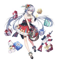 Rule 34 | 1girl, absurdres, basket, bell, black footwear, blue eyes, bomb, bow, bow hairband, bowtie, box, christmas ornaments, counter:side, dress, dress bow, dynamite, explosive, footwear bow, frilled dress, frills, gift, gift box, grey hair, gun, hairband, han sorim, highres, holster, letter, long hair, low twintails, matches, official art, red dress, sleeveless, sleeveless dress, snowflakes, striped clothes, striped dress, stuffed animal, stuffed toy, tachi-e, teddy bear, thigh strap, time bomb, transparent background, twintails, vertical-striped clothes, vertical-striped dress, weapon