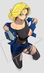 Rule 34 | 1girl, aeyga, android 18, blonde hair, breasts, covered erect nipples, dragon ball, dragonball z, highres, large breasts, nipples, one breast out, short hair, torn clothes