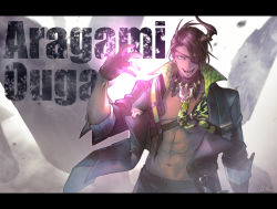 Rule 34 | 1boy, abs, aragami oga, black gloves, black hair, character name, dark-skinned male, dark skin, dust, eyepatch, fingerless gloves, gloves, glowing, green eyes, green necktie, grin, highres, holostars, horns, impact (font), jacket, letterboxed, looking at viewer, male focus, navel, necktie, open clothes, open jacket, padded jacket, rock, sharp teeth, shatter, signature, single horn, smile, solo, teeth, topless male, tsurime, ushi 424, virtual youtuber, wallpaper