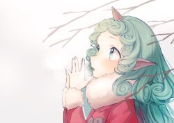 Rule 34 | 1girl, animal ears, clip studio paint (medium), commentary request, curly hair, from side, fur-trimmed jacket, fur trim, green eyes, green hair, highres, horns, jacket, komano aunn, long hair, long sleeves, mokokiyo (asaddr), open mouth, own hands together, pointy ears, red jacket, single horn, solo, touhou, upper body