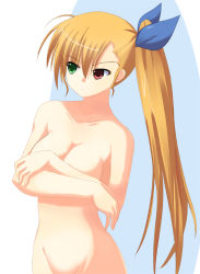 Rule 34 | 00s, 1girl, blonde hair, breasts, hair ribbon, heterochromia, large breasts, long hair, lyrical nanoha, mahou shoujo lyrical nanoha, mahou shoujo lyrical nanoha strikers, nude, aged up, ponytail, ribbon, side ponytail, solo, vivio
