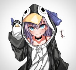 Rule 34 | 1girl, :p, animal costume, animal hood, black choker, blue eyes, blush, choker, collarbone, commentary, english commentary, fate/grand order, fate (series), gradient background, grey background, hair between eyes, hand puppet, head tilt, hood, kurkkya (zhafsas), light purple hair, long hair, looking at viewer, meltryllis, meltryllis (fate), meltryllis (swimsuit lancer) (fate), meltryllis (swimsuit lancer) (first ascension) (fate), penguin costume, penguin hood, puppet, signature, simple background, solo, standing, tongue, tongue out, upper body