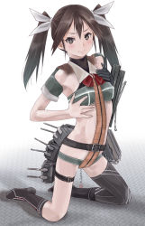 Rule 34 | 10s, 1girl, adapted costume, asymmetrical legwear, brown eyes, brown hair, cloritin, elbow gloves, gloves, hair between eyes, hair ribbon, hands on own chest, highres, kantai collection, kneeling, long hair, looking at viewer, mecha musume, no panties, ribbon, single elbow glove, single thighhigh, smile, solo, thighhighs, tone (kancolle), turret, twintails, uneven legwear