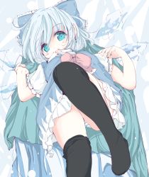 Rule 34 | 1girl, black thighhighs, blue bow, blue dress, blue eyes, blue hair, bow, bowtie, cirno, dress, hair bow, ice, ice wings, inasa orange, looking at viewer, lying, on back, panties, pantyshot, red bow, red bowtie, solo, striped clothes, striped panties, thighhighs, touhou, underwear, wings