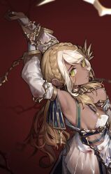 Rule 34 | 1girl, andromeda (fate), andromeda (first ascension) (fate), armpits, arms up, blonde hair, braid, breasts, chain, crown braid, cuffs, dark-skinned female, dark background, dark skin, fate/grand order, fate (series), fingernails, gold chain, green eyes, large breasts, long hair, newflame, shackles, skirt, solo, stretching, white skirt