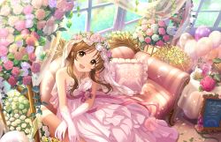 Rule 34 | 1girl, artist request, blush, bow, bridal gauntlets, bridal veil, bride, brown hair, candle, couch, curtains, day, dress, elbow gloves, flower, formal, frills, gloves, idolmaster, idolmaster cinderella girls, idolmaster cinderella girls starlight stage, indoors, jewelry, lace trim, looking at viewer, necklace, official art, open mouth, petals, pink dress, pink flower, pink rose, ribbon, rose, smile, solo, strapless, strapless dress, sunlight, takamori aiko, tareme, veil, wedding, wedding dress, white flower, white rose, window, yellow eyes