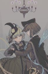 Rule 34 | 2boys, ahoge, black gloves, bob cut, brown hair, cape, chandelier, ascot, dancing, dress, feather hair ornament, feathers, flower, frilled dress, frills, gloves, green eyes, green hair, gretel (sinoalice), hair flower, hair ornament, holding hands, hat, highres, long sleeves, looking at viewer, male focus, multicolored hair, multiple boys, paimu h, petticoat, pinocchio (sinoalice), puffy long sleeves, puffy sleeves, ribbon, rose, short hair, sinoalice, trap, two-tone hair, uniform