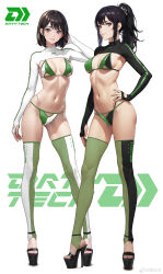 Rule 34 | 2girls, absurdres, ai-assisted, artist request, bikini, black hair, blush, breasts, chinese commentary, closed mouth, clothing cutout, company name, green bikini, green thighhighs, grey eyes, hand in own hair, hand on own hip, highres, long hair, looking at viewer, medium breasts, multi-strapped bikini bottom, multiple girls, navel, official art, original, parted lips, ponytail, ribs, short hair, sideboob, sidelocks, standing, stomach, string bikini, swimsuit, thighhighs, twintails, two-tone bikini, two-tone thighhighs, underboob cutout, wedge heels, weibo logo, weibo watermark