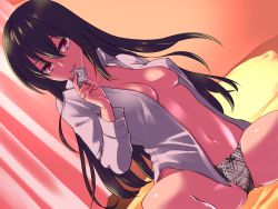 Rule 34 | black hair, breasts, buttoned cuffs, buttons, cleavage, condom, condom in mouth, condom wrapper, dress shirt, dutch angle, hair between eyes, indoors, kawai fuguri, long hair, long sleeves, medium breasts, mouth hold, naughty face, navel, no bra, no pants, non-web source, on bed, open clothes, open cuffs, open shirt, original, panties, parted lips, pink eyes, plaid, plaid panties, shirt, sidelocks, sitting, solo, underwear