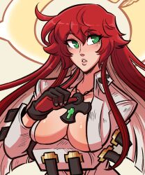 Rule 34 | 1girl, absurdres, ankh, arm under breasts, black gloves, bodysuit, breast hold, breasts, bursting breasts, cleavage, spiked halo, fingernails over gloves, gloves, green eyes, guilty gear, guilty gear strive, halo, highres, impossible clothes, jack-o&#039; valentine, large breasts, long hair, looking at viewer, mature female, multicolored hair, no bra, open clothes, red hair, sagging breasts, scruffyturtles, skin tight, solo, two-tone hair, white bodysuit, white hair