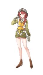 Rule 34 | 1girl, aviator cap, brown footwear, cherry bond, drill hair, formation girls, full body, gloves, goggles, goggles on headwear, highres, kazune (baumkuchen), necktie, official art, red hair, shoes, solo, transparent background, vest, yellow eyes, yellow vest