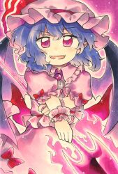 Rule 34 | 1girl, bat wings, blue hair, bow, brooch, collared shirt, frilled shirt, frills, hat, hat ribbon, highres, holding, holding polearm, holding weapon, jewelry, maa (forsythia1729), medium hair, mob cap, open mouth, pink hat, pink shirt, pink skirt, polearm, puffy short sleeves, puffy sleeves, red bow, red eyes, remilia scarlet, ribbon, shirt, short sleeves, skirt, skirt set, solo, spear the gungnir, touhou, weapon, wings, wrist cuffs