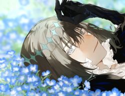 Rule 34 | 1boy, blue flower, diamond hairband, eyelashes, fate/grand order, fate (series), field, flower, flower field, frilled shirt collar, frills, grey eyes, grey hair, looking at viewer, lying, male focus, nemophila (flower), oberon (fate), oberon (third ascension) (fate), on back, outdoors, romo827, shirt, short hair, solo, twitter username, white shirt