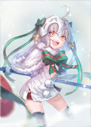 Rule 34 | 23@5, ahoge, bell, bikini, bikini top only, black gloves, bow, capelet, fate/grand order, fate (series), fur-trimmed capelet, fur trim, gloves, green bow, green ribbon, headpiece, highres, jeanne d&#039;arc alter santa lily (fate), ribbon, smile, snow, solo, striped bow, striped ribbon, swimsuit, thighs, white capelet, yellow eyes