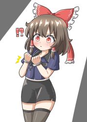Rule 34 | !?, 1girl, alternate costume, black thighhighs, blue shirt, blush, bow, brown hair, collared shirt, commentary, cuffs, frilled bow, frilled hair tubes, frills, hair bow, hair tubes, hakurei reimu, handcuffs, highres, long hair, miniskirt, pencil skirt, police, police uniform, policewoman, red eyes, shirt, short sleeves, skirt, solo, surprised, thighhighs, touhou, triangle mouth, uniform, zenji029