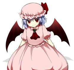 Rule 34 | 1girl, arms behind back, ascot, bat wings, blue hair, brooch, fang, fang out, hat, hat ribbon, jewelry, looking at viewer, mob cap, ominome, puffy short sleeves, puffy sleeves, red eyes, remilia scarlet, ribbon, shadow, short hair, short sleeves, simple background, sketch, skirt, skirt set, slit pupils, slouching, smile, solo, touhou, white background, wings