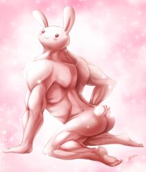 Rule 34 | 1other, :3, androgynous, animal ears, arched back, arm support, ass, back, blush stickers, commentary, completely nude, deltoids, english commentary, from behind, full body, kneeling, looking back, muscular, nude, original, other focus, pink background, pink theme, rabbit, rabbit ears, rabbit tail, seyumei, signature, solid circle eyes, solo, sparkle, tail, thick arms, thick neck, what