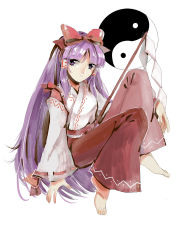 Rule 34 | 1girl, absurdres, barefoot, bow, detached sleeves, expressionless, full body, gohei, hair bow, hair tubes, hakama, hakama skirt, hakurei reimu, hakurei reimu (pc-98), highres, japanese clothes, legs up, long hair, looking to the side, nontraditional miko, purple eyes, purple hair, red hakama, ribbon-trimmed sleeves, ribbon trim, seastar, simple background, skirt, solo, touhou, touhou (pc-98), very long hair, vest, white background, yin yang