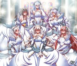 Rule 34 | 6+girls, azura (fire emblem), black hair, blue hair, blush, breasts, bridal veil, camilla (fire emblem), cleavage, cordelia (bridal) (fire emblem), cordelia (fire emblem), corrin (female) (fire emblem), corrin (fire emblem), dress, female focus, finger to mouth, fire emblem, fire emblem awakening, fire emblem fates, grey eyes, hair over one eye, hand on own chest, harem, jadenkaiba, large breasts, long hair, looking at viewer, matching hair/eyes, multiple girls, nintendo, purple eyes, purple hair, red eyes, red hair, robin (female) (fire emblem), robin (fire emblem), silver hair, smile, sparkle, stained glass, standing, tharja (fire emblem), tiara, veil, wedding dress, window