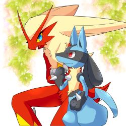 Rule 34 | 1boy, 1girl, animal ears, animal hands, beak, bird girl, bird tail, black fur, blaziken, blonde hair, blue eyes, blue fur, body fur, claws, closed mouth, colored sclera, creatures (company), crossed arms, eye contact, eyelashes, from side, frown, furrowed brow, furry, game freak, gen 3 pokemon, gen 4 pokemon, hand up, leaf, long hair, looking at another, looking down, looking up, lucario, nervous, nintendo, open mouth, plant, pokemon, pokemon (creature), profile, red eyes, red fur, sideways mouth, snout, spikes, standing, sweat, tail, wavy mouth, white background, wolf boy, wolf ears, wolf tail, yellow fur, yellow sclera, zakro