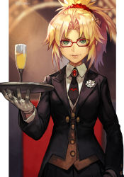Rule 34 | 1girl, blonde hair, fate/apocrypha, fate/grand order, fate (series), formal, glasses, gloves, green eyes, hair intakes, hair ornament, hungry clicker, jacket, long hair, looking at viewer, mordred (fate), mordred (fate/apocrypha), mordred (formal dress) (fate), necktie, ponytail, red scrunchie, scrunchie, shirt, solo, suit, white gloves, white shirt