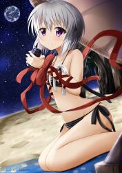 Rule 34 | 1girl, ahoge, alternate costume, arm ribbon, bare legs, bare shoulders, bikini, black bikini, blanket, blush, bow, brand name imitation, can, closed mouth, collarbone, commentary request, dutch angle, earth (planet), feet out of frame, from side, grey hair, hair between eyes, hands up, highres, holding, holding can, kagari (rewrite), long ribbon, looking at viewer, moon, partial commentary, planet, purple eyes, red bow, red ribbon, rewrite, ribbon, short hair, side-tie bikini bottom, sky, smile, solo, space, split mouth, spoilers, star (sky), starry sky, striped bikini, striped clothes, swimsuit, tree, twitter username, wrist bow, yukimi kazusa