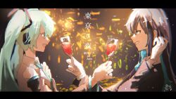 Rule 34 | 2girls, ado (utaite), aqua hair, black hair, black sleeves, black suit, blue hair, blurry, blurry background, chando (ado), character name, cloud nine inc, colored inner hair, cup, detached sleeves, drinking glass, formal, from side, gloves, grey shirt, grin, hair between eyes, hane (kakuhane), hatsune miku, headphones, highres, holding, holding cup, letterboxed, long hair, long sleeves, looking at another, multicolored hair, multiple girls, night, open mouth, profile, shirt, signature, smile, song name, suit, tokyo wa yoru (vocaloid), twintails, upper body, vocaloid, white gloves, wide sleeves, wine glass