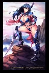 Rule 34 | amei sumeru, armor, bikini armor, blue hair, breasts, cape, highres, large breasts, long hair, pink eyes, polearm, smile, weapon