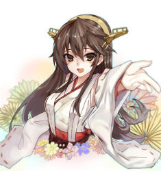 Rule 34 | 10s, 1girl, alternate hair color, blurry, brown eyes, brown hair, depth of field, ganida boushoku, hair ornament, hairband, hairclip, haruna (kancolle), headgear, highres, japanese clothes, kantai collection, long hair, md5 mismatch, nontraditional miko, open mouth, smile, solo