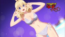 Rule 34 | 1girl, bikini, blonde hair, blue eyes, breasts, cleavage, double v, high school dxd, high school dxd hero, highres, large breasts, le fay pendragon, legs, navel, screencap, smile, swimsuit, thighs, v