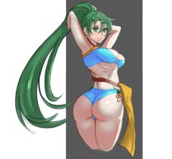 Rule 34 | 1girl, arms behind head, arms up, artist request, ass, bare arms, bare legs, bikini, blue bikini, breasts, choker, closed mouth, earrings, fire emblem, fire emblem: the blazing blade, fire emblem heroes, from behind, green eyes, green hair, hair between eyes, high ponytail, huge ass, jewelry, large breasts, long hair, looking at viewer, looking back, lyn (fire emblem), lyn (summer) (fire emblem), midriff, neck, nintendo, official alternate costume, red choker, smile, solo, standing, strapless, strapless bikini, swimsuit, thick thighs, thighs, very long hair