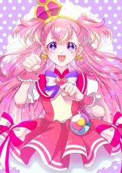 Rule 34 | 1girl, :d, blonde hair, bow, brooch, cowboy shot, crown, cure wonderful, dot nose, dress, dress bow, earrings, hairband, heart, heart brooch, highres, inukai komugi, jewelry, long hair, looking at viewer, magical girl, mini crown, multicolored bow, multicolored hair, open mouth, paw pose, petticoat, pink dress, pink hair, polka dot, polka dot background, pouch, precure, purple background, purple bow, purple eyes, short dress, smile, solo, standing, straight-on, streaked hair, striped bow, tilted headwear, two-tone hair, two side up, waka (negronoir), wonderful precure!, wrist cuffs, yellow hairband