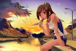 Rule 34 | 10s, 1girl, aichi m6a seiran, aircraft, airplane, brown eyes, brown hair, food, fruit, hanpitsu (palewhite), historical name connection, i-400-class-submarine, i-401, i-401 (kancolle), kantai collection, mother ship, name connection, object namesake, one-piece swimsuit, parasite aircraft, personification, ponytail, popsicle, school swimsuit, school uniform, seaplane, short hair, short ponytail, solo, submarine, submarine aircraft carrier, swimsuit, swimsuit under clothes, watercraft, watermelon, watermelon bar