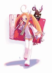 Rule 34 | 1girl, ahoge, blonde hair, blue eyes, book, boots, cat, detached sleeves, full body, glasses, harada takehito, japanese clothes, miko, miniskirt, necktie, nontraditional miko, orange hair, pointy ears, ponytail, skirt, solo, thigh boots, thighhighs
