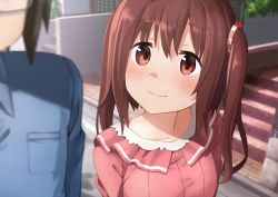 Rule 34 | 10s, 1boy, 1girl, bad id, bad pixiv id, blurry, brown eyes, brown hair, dacchi, depth of field, doma taihei, dress, ebina nana, glasses, highres, himouto! umaru-chan, light smile, looking at another, out of frame, outdoors, road, short hair, smile, stairs, street, twintails, wavy mouth