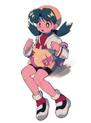 Rule 34 | 1girl, :o, backpack, bag, bike shorts, boots, bright pupils, clenched hands, commentary request, creatures (company), earrings, eyelashes, game freak, gen 2 pokemon, green eyes, green hair, hat, highres, jacket, jewelry, knees, kris (pokemon), long hair, long sleeves, nintendo, ok ko19, on lap, open clothes, open jacket, pink bag, pokemon, pokemon (creature), pokemon adventures, pokemon on lap, red shirt, shirt, sitting, smoochum, twintails, white footwear, white jacket, white pupils, yellow headwear