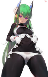 Rule 34 | 1girl, absurdres, artist name, bodysuit, borrowed character, breasts, covered navel, eyebrows, gloves, gluteal fold, green hair, half-closed eyes, headgear, highres, long hair, looking at viewer, medium breasts, menou kaname (taishi), original, purple eyes, signature, simple background, skin tight, smile, solo, standing, white background, white gloves, yd (orange maru)