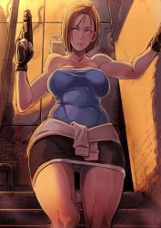 Rule 34 | 1girl, absurdres, against wall, armpit peek, bare shoulders, blood, blood stain, blue eyes, breasts, brown hair, butcha-u, capcom, cleavage, clothes around waist, collarbone, covered erect nipples, covered navel, fingerless gloves, gloves, gluteal fold, gun, handgun, highres, jill valentine, large breasts, looking to the side, panties, pantyshot, resident evil, resident evil 3: nemesis, serious, shadow, short hair, skirt, solo, stairs, standing, strapless, thigh gap, toned, tube top, underwear, upskirt, weapon