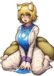 Rule 34 | 1girl, absurdres, animal ears, barefoot, between legs, blonde hair, breasts, brooch, chanta (ayatakaoisii), colored skin, fox ears, fox tail, hand between legs, highres, huge breasts, jewelry, looking at viewer, multiple tails, open mouth, shirt, short hair, simple background, sitting, skirt, slit pupils, solo, tabard, tail, touhou, wariza, wet, wet clothes, wet shirt, wet skirt, white background, white shirt, white skin, yakumo ran, yellow eyes