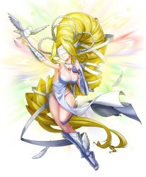 Rule 34 | 1girl, angel, armor, bandai, bare legs, bare shoulders, big hair, blindfold, blonde hair, breasts, cleavage, curvy, digimon, digimon new century, drill hair, full body, head wings, large breasts, long hair, o-ring, o-ring bottom, o-ring panties, official art, olympos xii, panties, pidgeon, revealing clothes, shell, shiny skin, smile, solo, thong, underwear, venusmon, very long hair, wide hips, wings