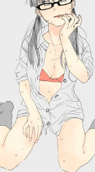 Rule 34 | 1girl, absurdres, bare legs, bra, breasts, collarbone, commentary request, finger in own mouth, full body, glasses, grey background, grey eyes, grey hair, grey shirt, grey socks, hand up, highres, long hair, looking at viewer, low twintails, no pants, no pupils, no sclera, open clothes, open shirt, original, parted lips, red bra, shiki haru, shirt, simple background, sitting, sleeves rolled up, small breasts, socks, solo, sweat, nervous sweating, twintails, underwear, wariza