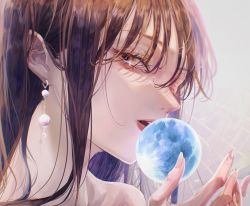 Rule 34 | 1girl, bare shoulders, brown eyes, close-up, earrings, eyebrows hidden by hair, hair behind ear, jewelry, jiao fulun, looking to the side, open hand, open mouth, orb, original, own hands together, solo, upper body