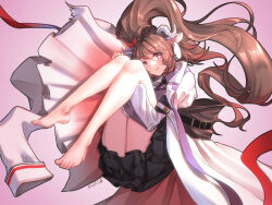 Rule 34 | 1girl, animal ears, arknights, artist name, barefoot, black skirt, brown hair, coat, collared shirt, eyjafjalla (arknights), feet, full body, hair ornament, hands up, head tilt, highres, horns, invisible chair, knees together feet apart, knees up, legs, long hair, long legs, paid reward available, pink background, pink eyes, ponytail, purple shirt, shadow, sheep ears, sheep girl, sheep horns, shirt, sidelocks, sitting, skirt, soles, solo, thighs, toenails, toes, very long hair, white coat, yamauchi (conan-comy)