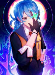Rule 34 | 1girl, ai the somnium files, ai the somnium files: nirvana initiative, black gloves, blue hair, braid, brown eyes, closed mouth, collared shirt, commentary, cowboy shot, english commentary, gloves, hair between eyes, hand on own hip, highres, koifish kk, long hair, long sleeves, necktie, okiura mizuki, red necktie, shirt, sleeves past elbows, solo, vest, white shirt